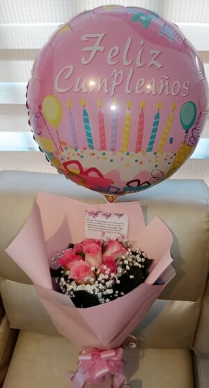 Bouquet de 6 rosas rosadas con globo de Feliz Cumpleaños en Bosa R154 - Floristería en Bosa Te Mando Flores.
