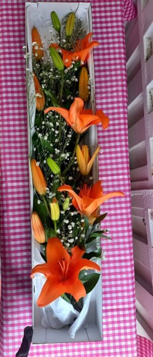 Caja de regalo de lujo con lirios naranjas frescos y nube en Bosa R86 - Floristería en Bosa Te Mando Flores.